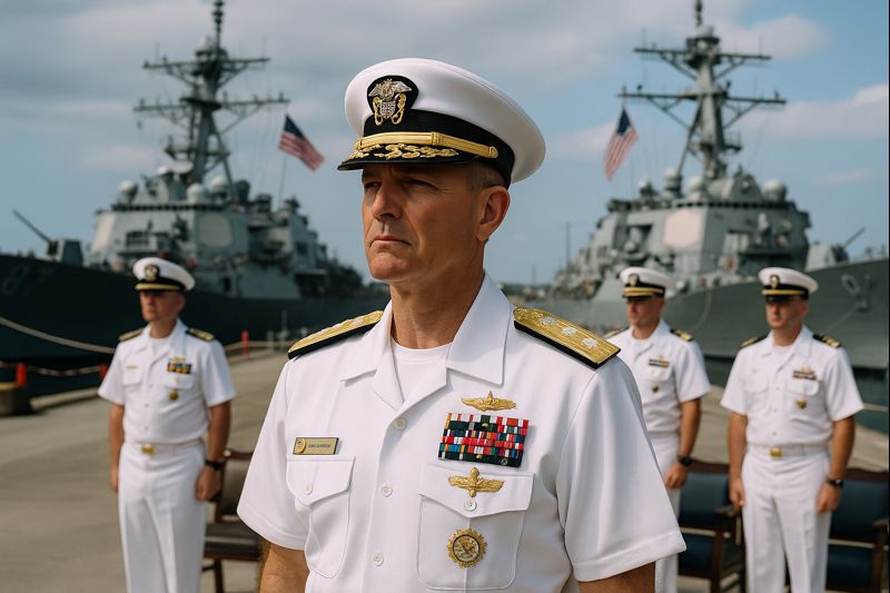 Cerimônia militar nos Estados Unidos durante troca de comando naval