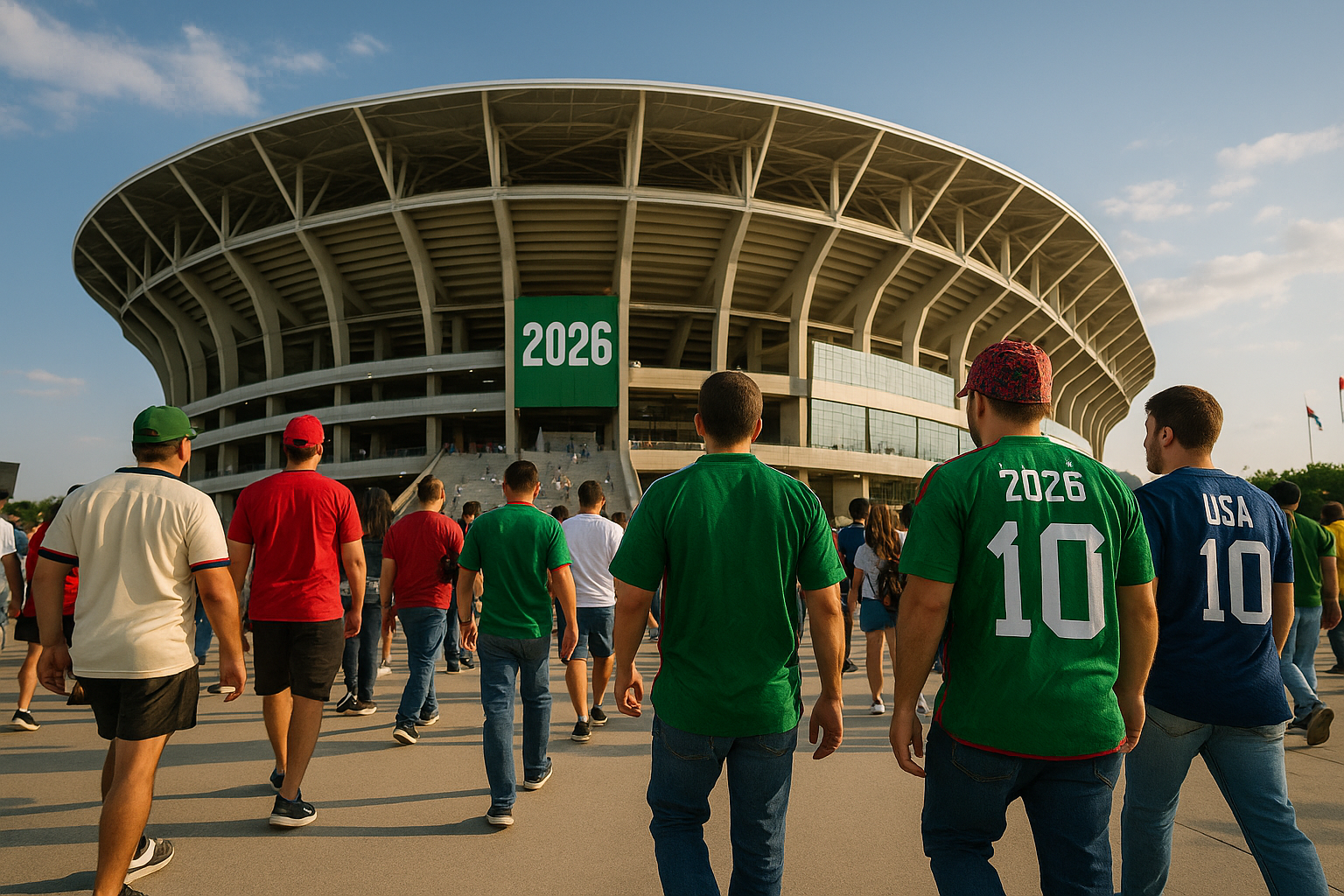Torcedores caminhando próximos a um estádio da Copa de 2026