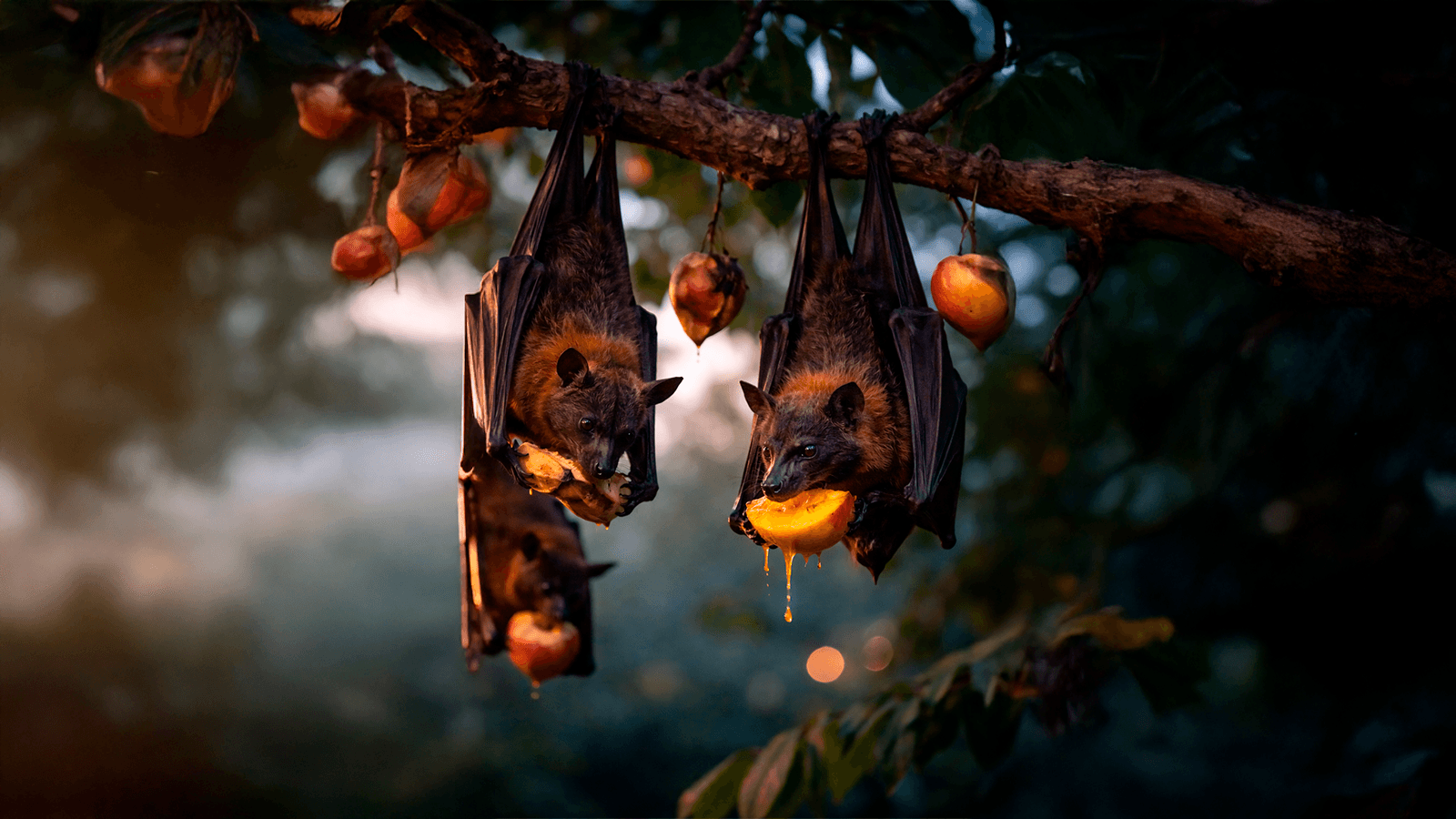 Morcegos frugívoros na natureza (Arte IA)