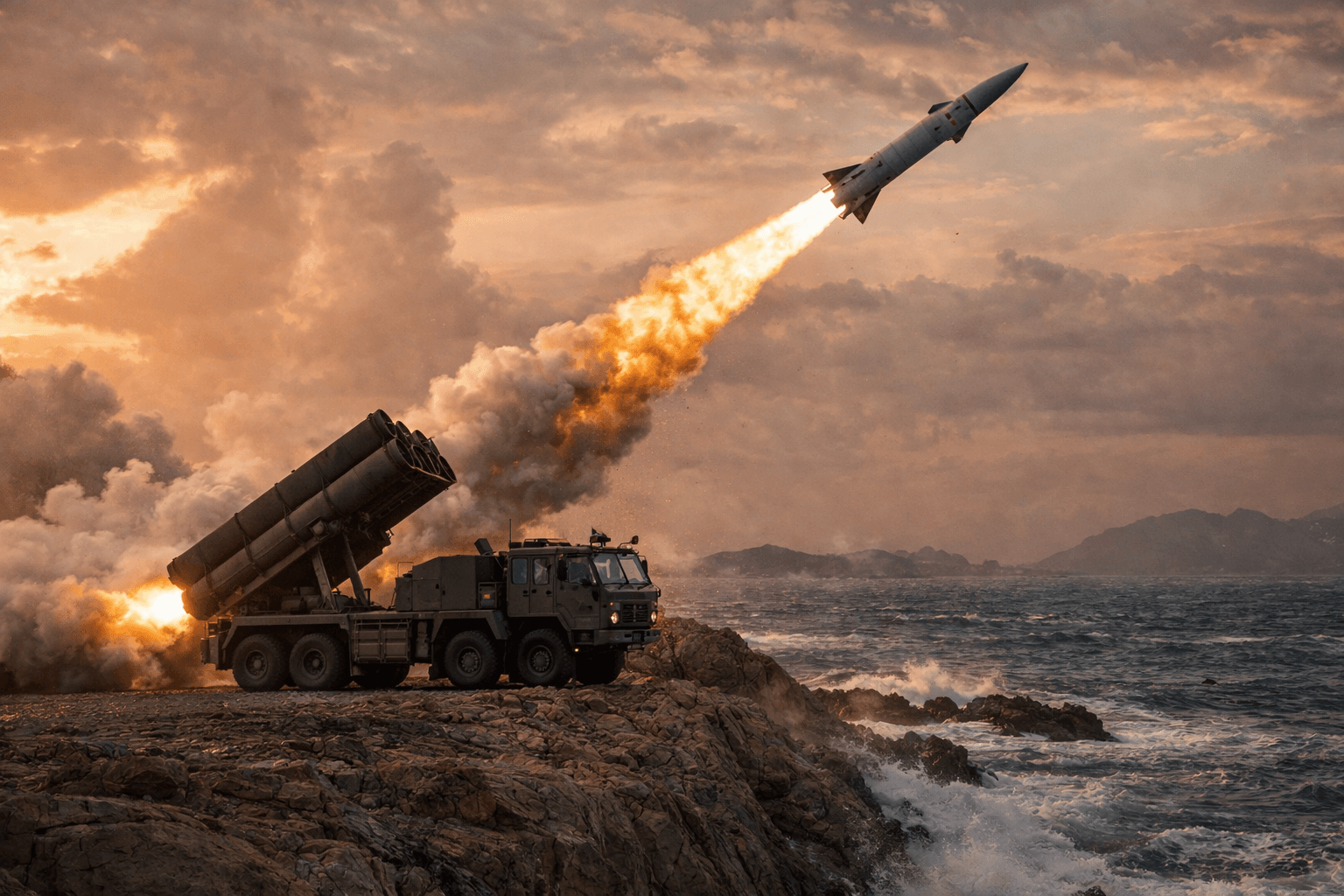 Lançamento de míssil balístico costeiro (Arte IA)