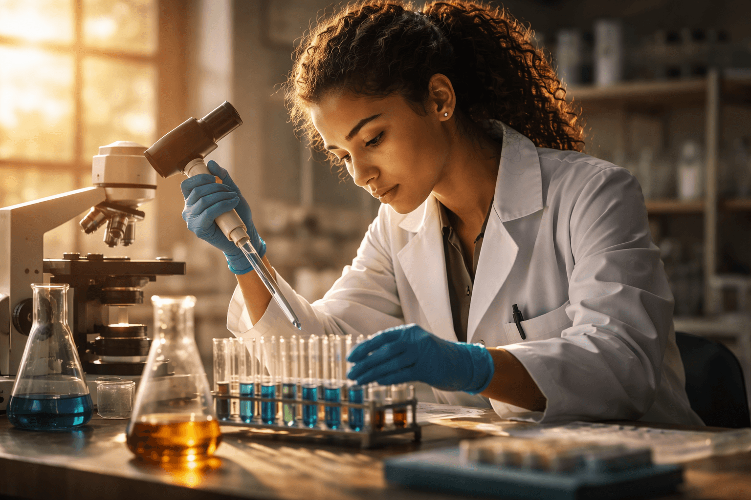 Cientista brasileira trabalhando com poucos recursos (Arte IA)