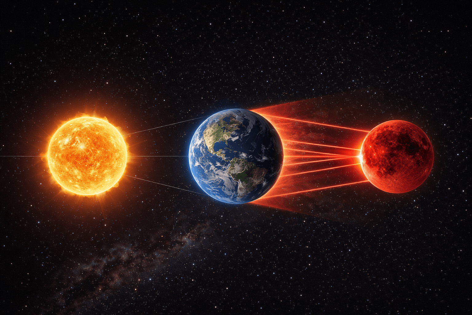 Ilustração do eclipse lunar total e o alinhamento da Terra (Arte IA)