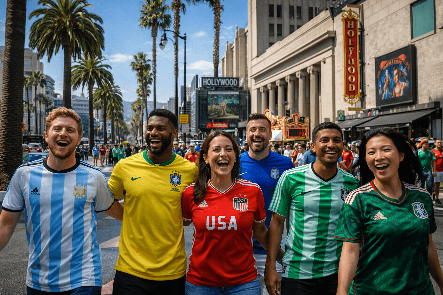 Torcedores caminhando por Hollywood durante a Copa do Mundo 2026