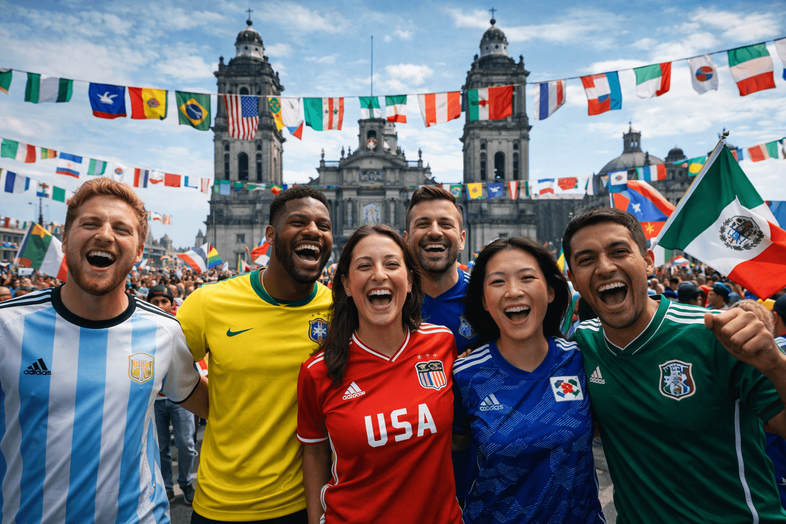 Torcedores reunidos no Zócalo durante a Copa do Mundo 2026 na Cidade do México