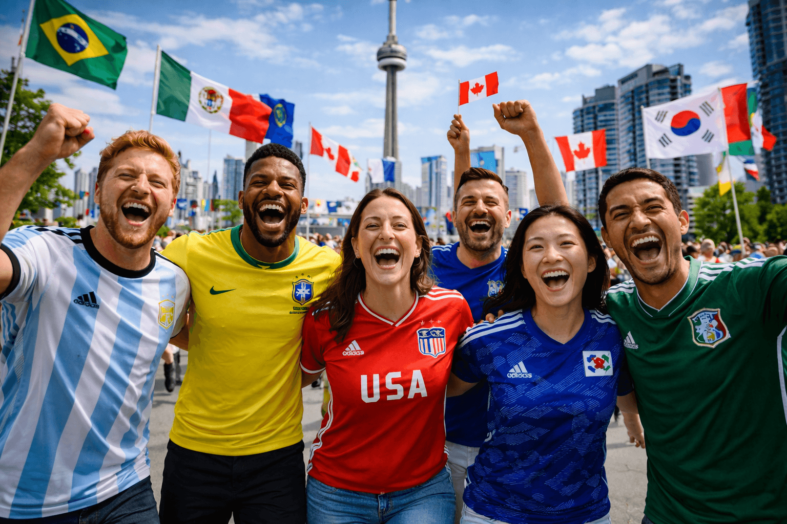 Torcedores reunidos próximo à CN Tower durante a Copa do Mundo 2026