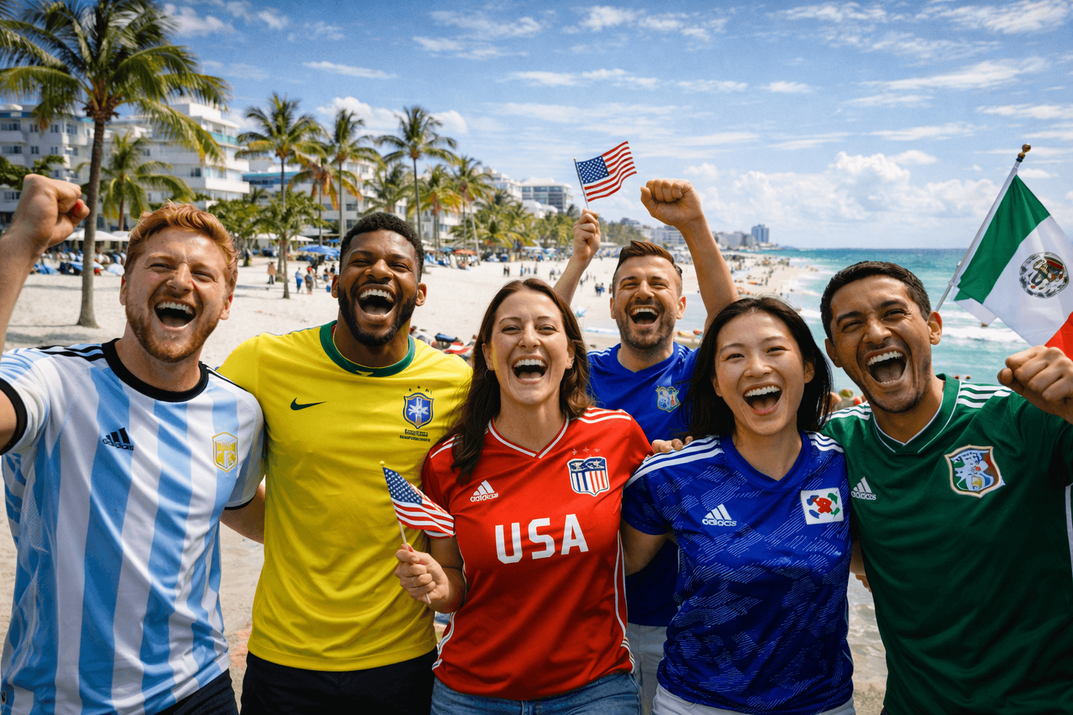 Torcedores celebrando em South Beach durante a Copa do Mundo 2026 em Miami