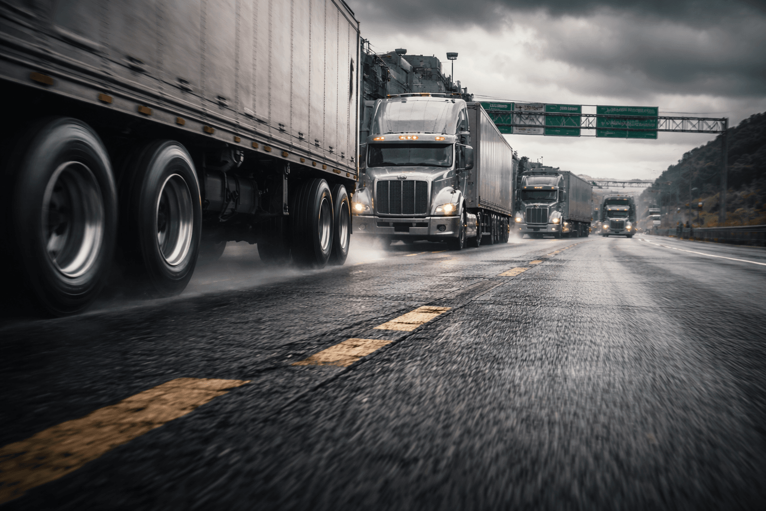 Fila de caminhões em rodovia brasileira sob chuva