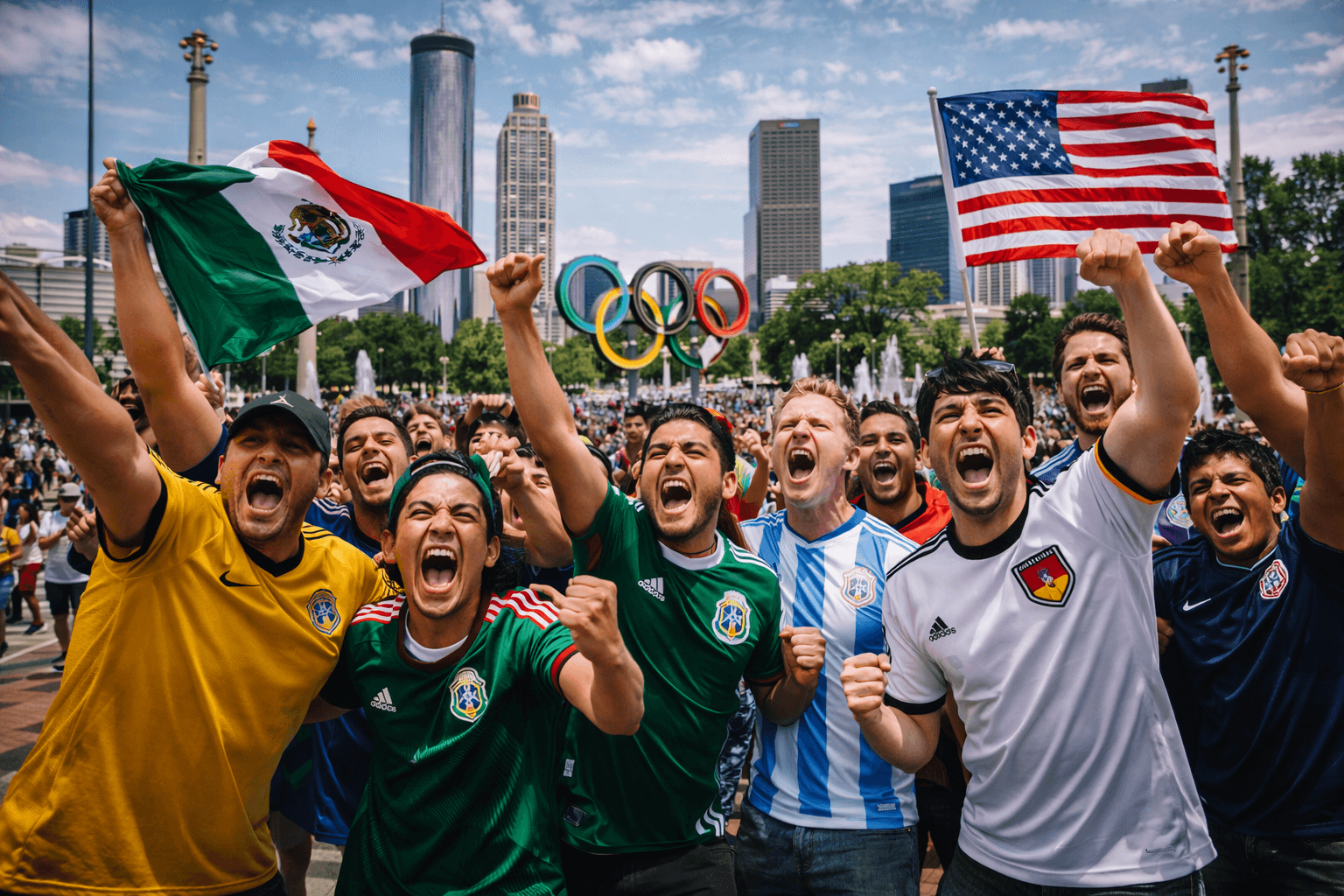 Torcedores reunidos no Centennial Olympic Park durante a Copa do Mundo 2026 em Atlanta