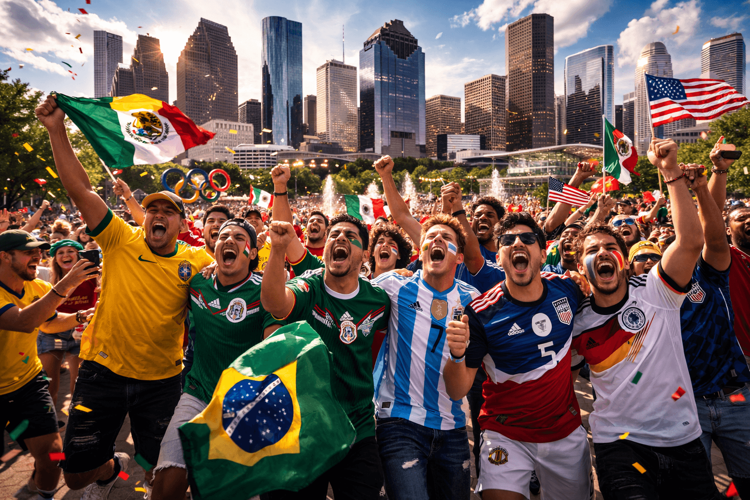 Torcedores reunidos no centro de Houston durante a Copa do Mundo 2026