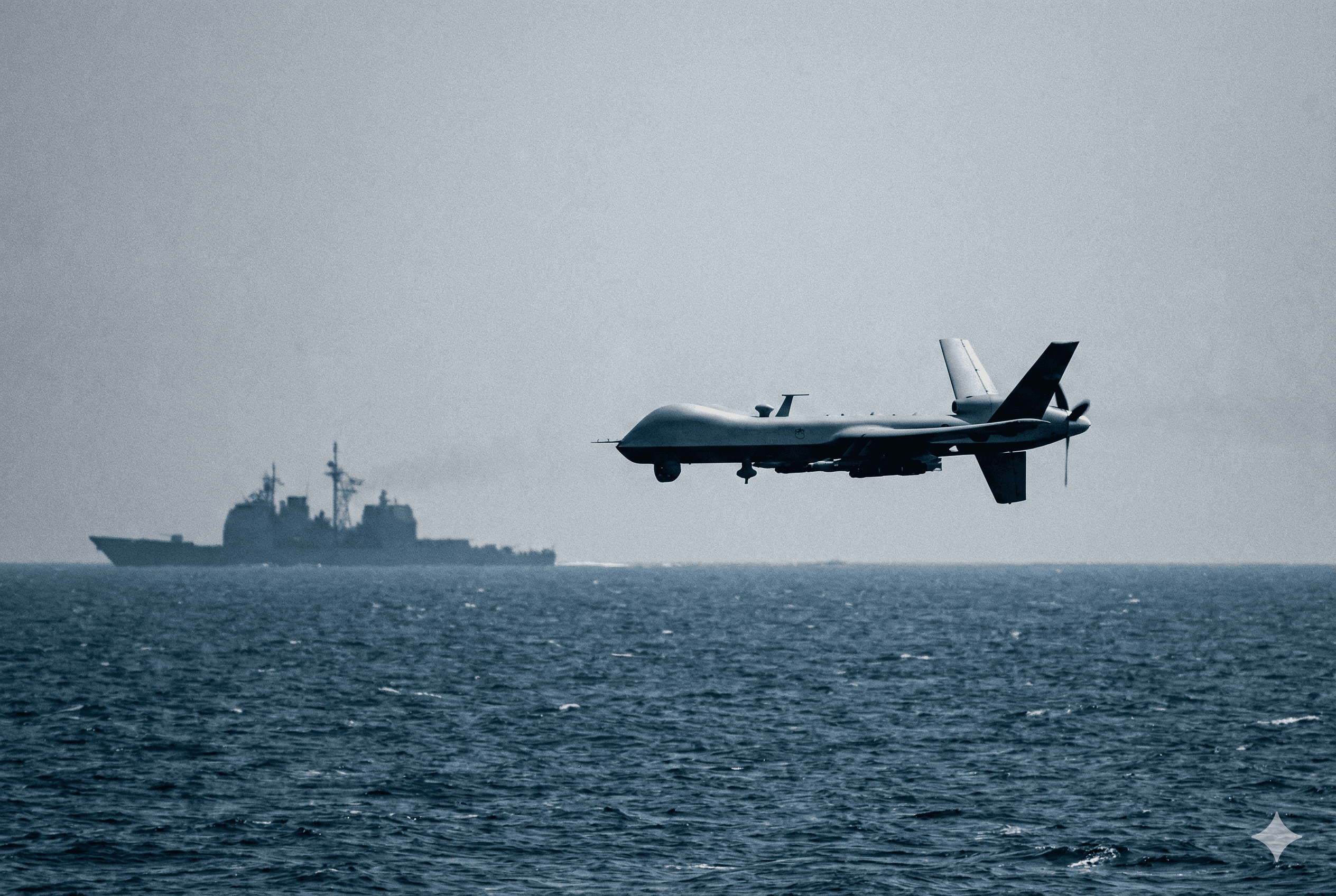 Drone militar sobrevoando o mar (Arte IA)