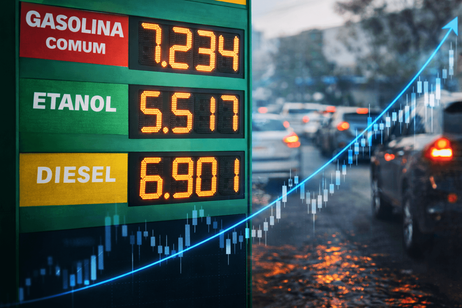 Painel de preços de posto de gasolina com gráfico de alta ao fundo