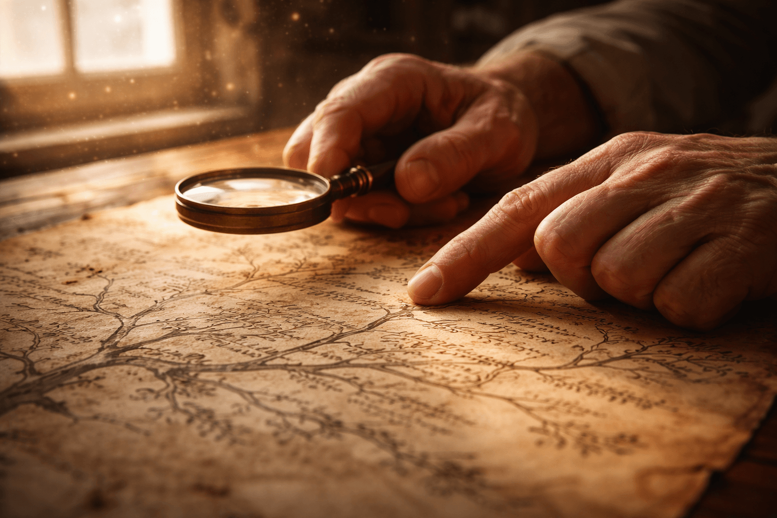 Mãos segurando árvore genealógica antiga com fotos e selos italianos