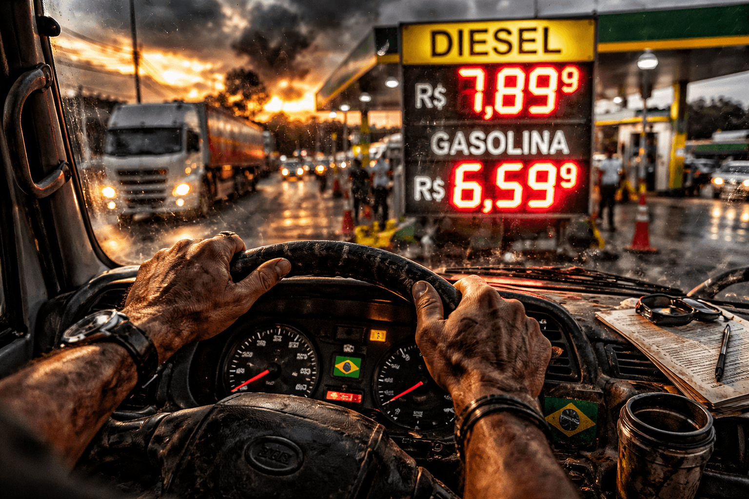 Gráfico de alta de preços saindo de um bico de bomba de diesel para prateleiras de mercado