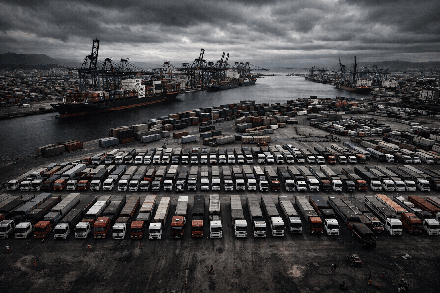 Caminhões estacionados em pátio de porto com bandeira do Brasil
