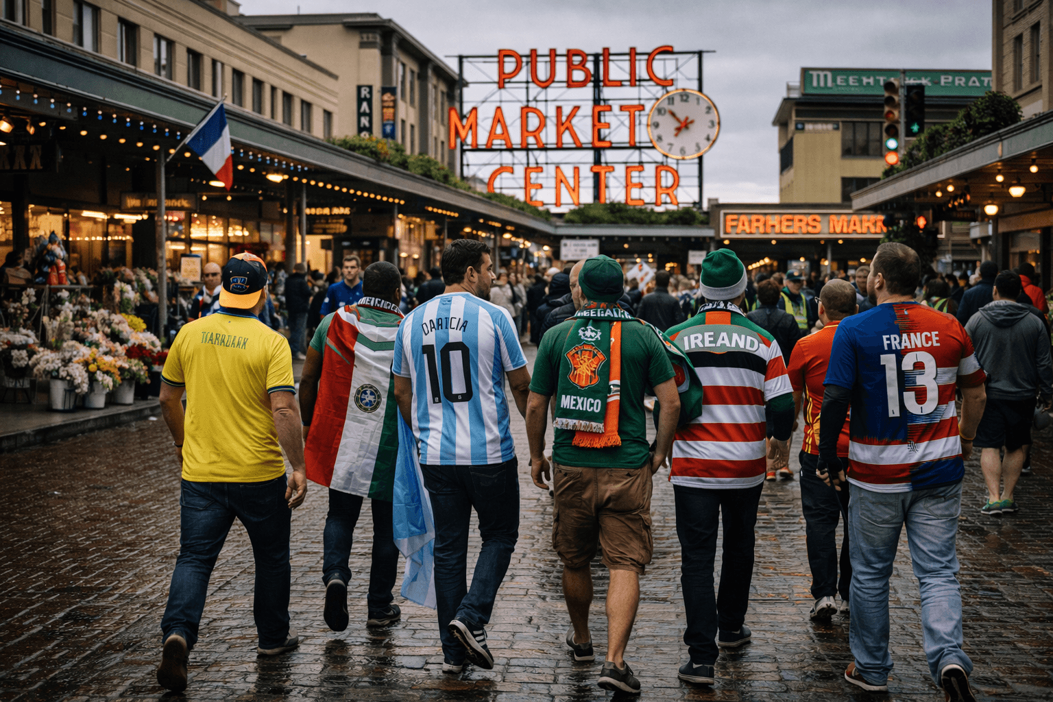 Torcedores caminhando pelo Pike Place Market durante a Copa do Mundo 2026 em Seattle