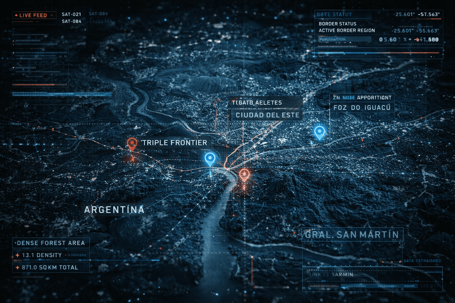 Mapa tático da Tríplice Fronteira com destaque para rotas de monitoramento
