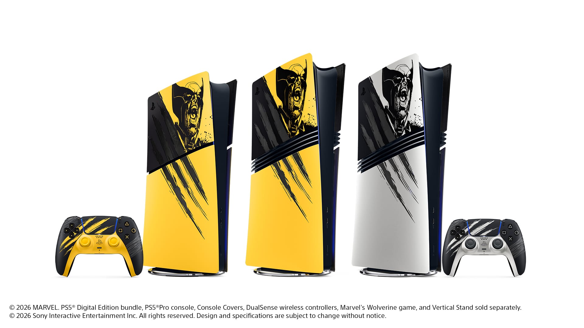 PS5 e controles DualSense com designs de Marvel’s Wolverine em imagem oficial divulgada pela PlayStation.