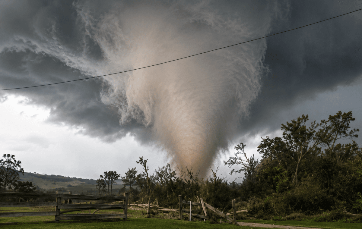 Ilustração por IA mostra grande tornado tocando o solo em uma área rural sob nuvens de tempestade.