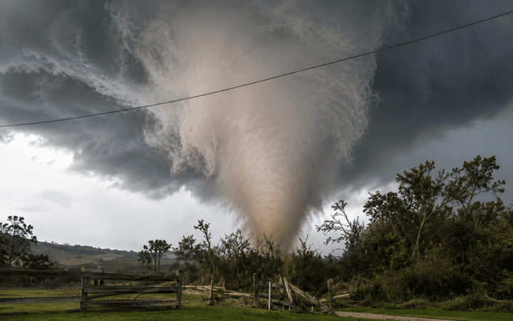 Ilustração por IA mostra grande tornado tocando o solo em uma área rural sob nuvens de tempestade.