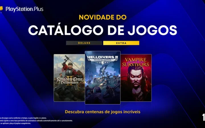 PlayStation Plus destaca Kingdom Come, Helldivers 2 e Vampire Survivors entre novidades do catálogo.