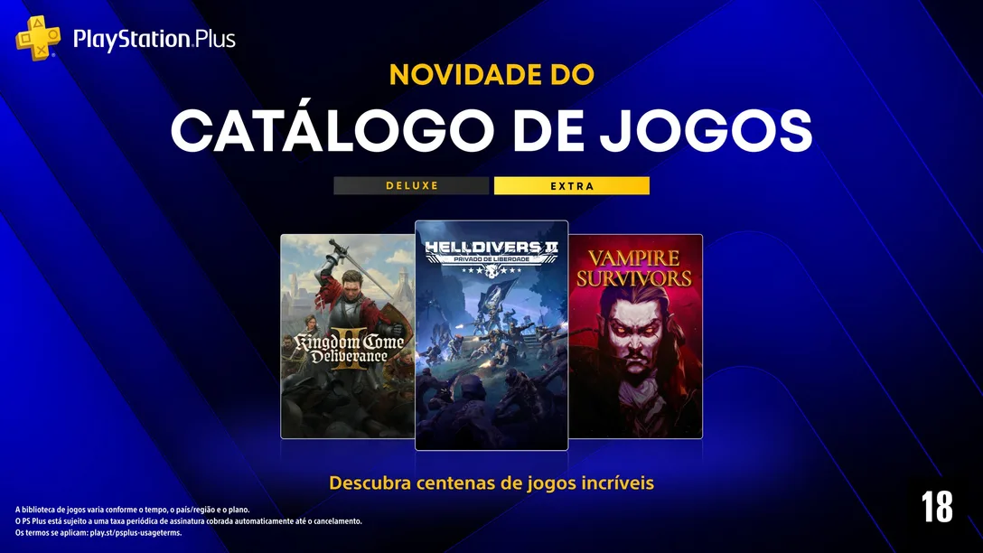 PlayStation Plus destaca Kingdom Come, Helldivers 2 e Vampire Survivors entre novidades do catálogo.
