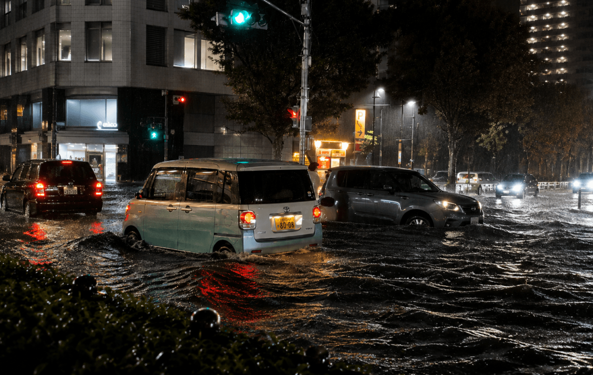 Ilustração por IA mostra veículos atravessando rua alagada durante chuva intensa em uma área urbana do Japão.
