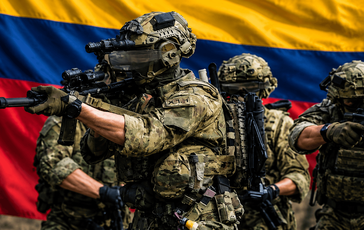 Ilustração por IA mostra militares equipados para operação tática diante da bandeira da Colômbia.