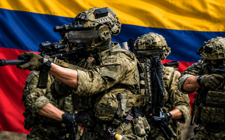 Ilustração por IA mostra militares equipados para operação tática diante da bandeira da Colômbia.