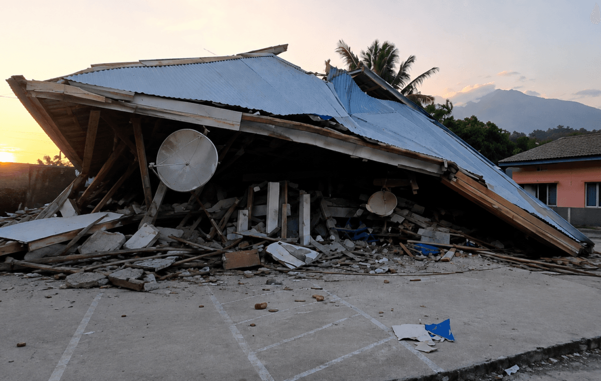 Construção destruída após o terremoto na Indonésia, em frame de vídeo real posteriormente aprimorado com IA.