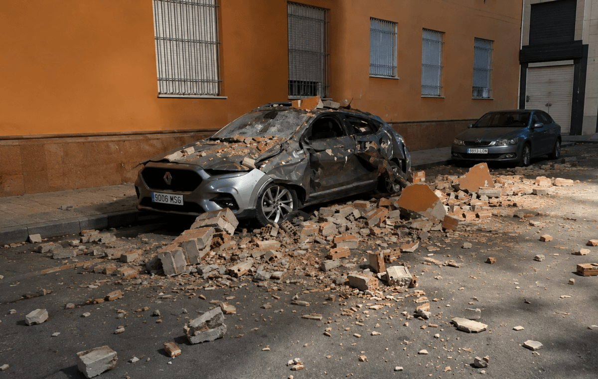 Ilustração por IA representa danos em uma construção após terremoto na região de Granada, no sul da Espanha.