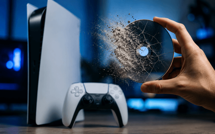 Ilustração por IA mostra console PlayStation e disco se fragmentando para representar o futuro da mídia física.
