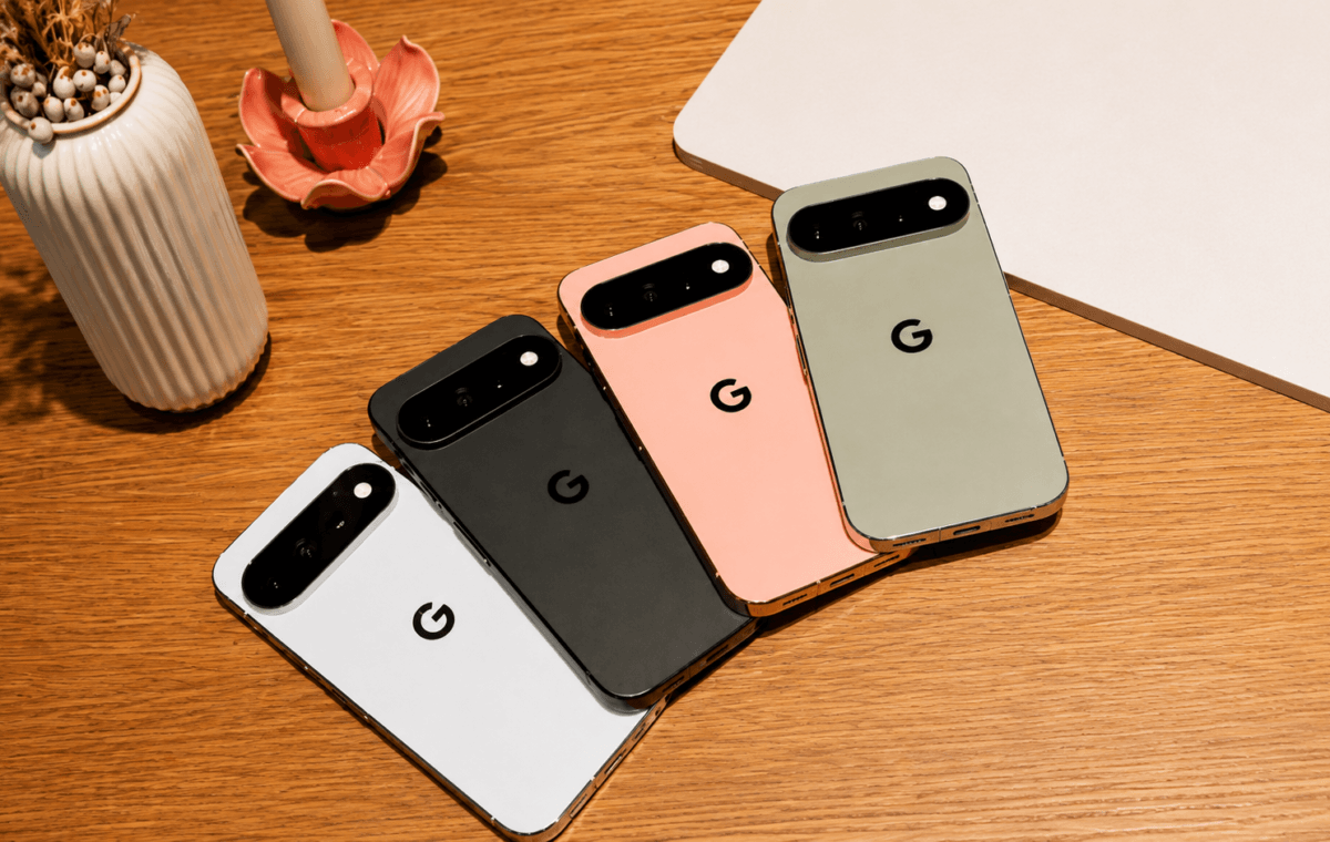 Celulares Google Pixel 11 aparecem em diferentes cores sobre uma mesa, com destaque para o conjunto de câmeras.