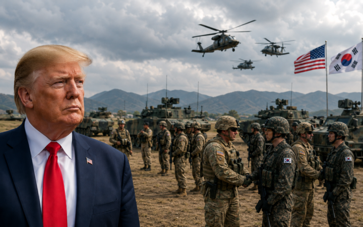 Ilustração por IA representa Trump e forças dos EUA e Coreia do Sul em contexto de exercícios militares conjuntos.