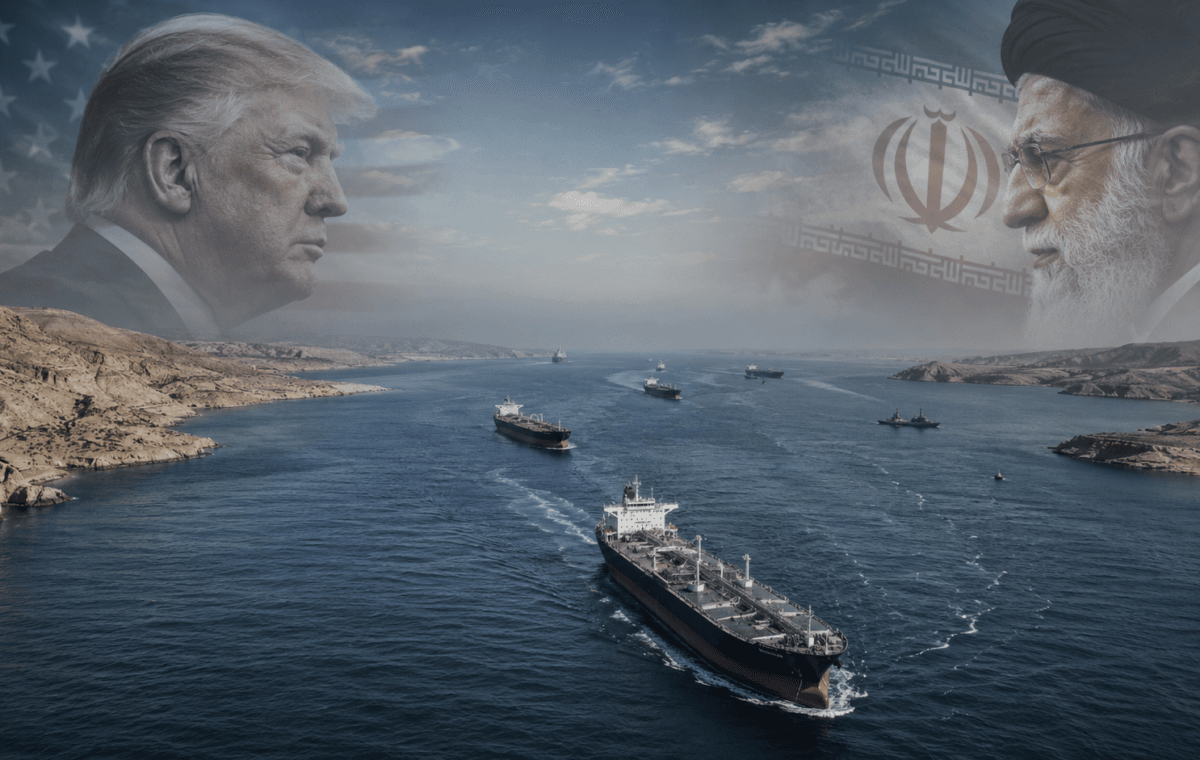 Navios petroleiros atravessando o Estreito de Hormuz entre Irã e Omã.