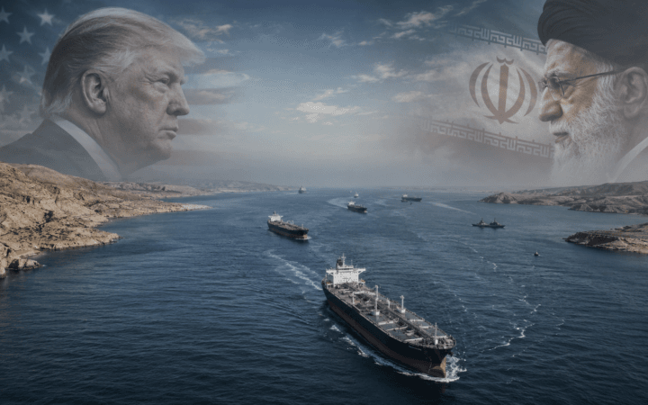 Navios petroleiros atravessando o Estreito de Hormuz entre Irã e Omã.
