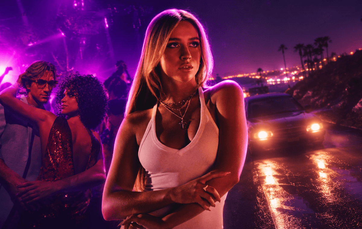 Ilustração em IA com figura feminina, balada neon e estrada noturna representando o vazamento de GTA 6.