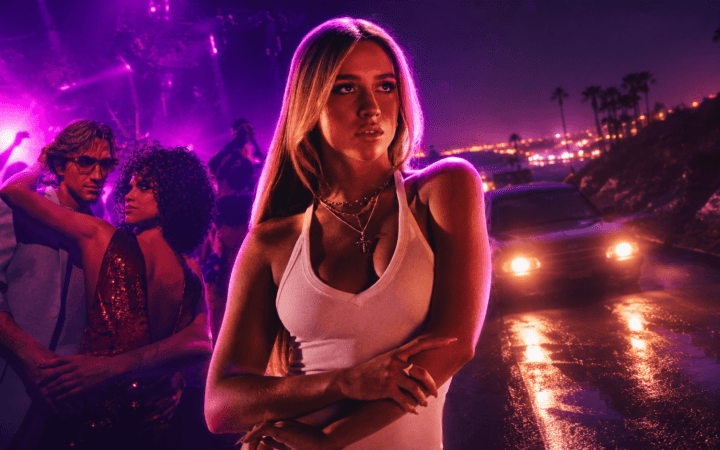 Ilustração em IA com figura feminina, balada neon e estrada noturna representando o vazamento de GTA 6.