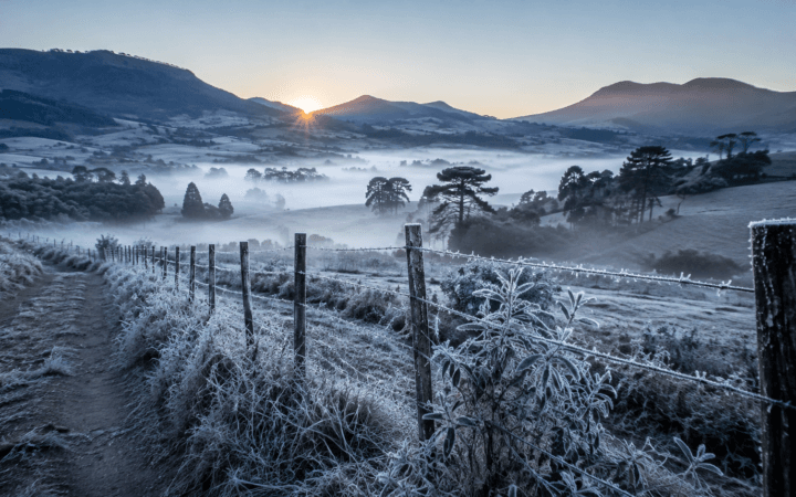 Paisagem com geada representando o frio intenso no Sul do Brasil.