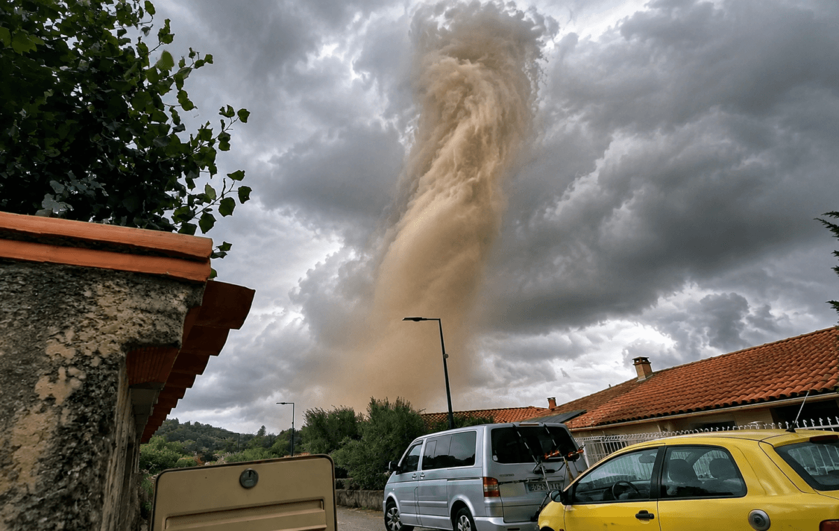 Tornado avança próximo a casas em Pomas, no sul da França, em frame real aprimorado com inteligência artificial.