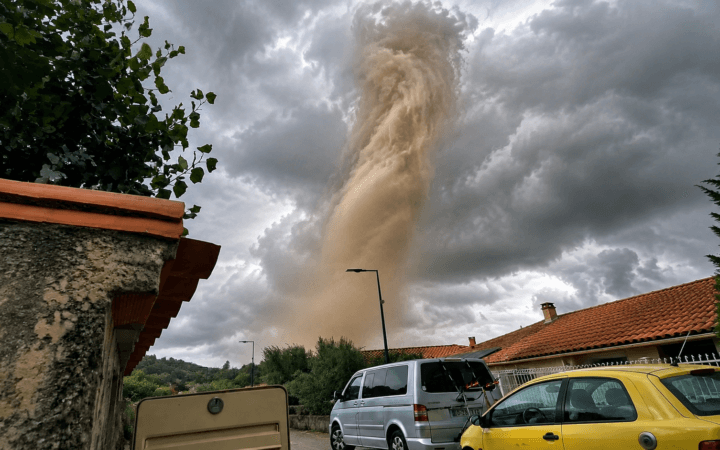 Tornado avança próximo a casas em Pomas, no sul da França, em frame real aprimorado com inteligência artificial.