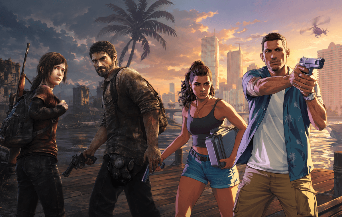 Ilustração por IA contrapõe universos urbanos e pós-apocalípticos inspirados em GTA 6 e The Last of Us.
