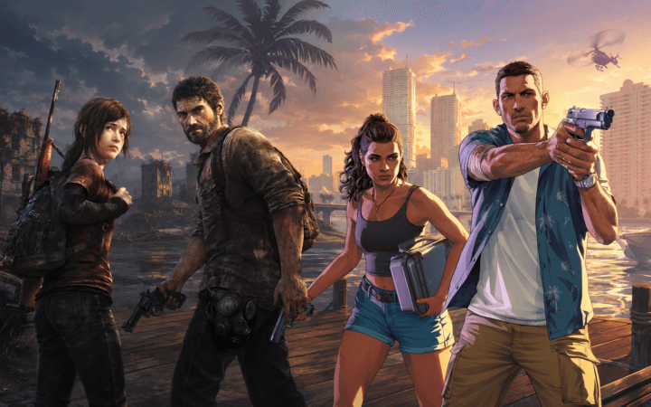 Ilustração por IA contrapõe universos urbanos e pós-apocalípticos inspirados em GTA 6 e The Last of Us.