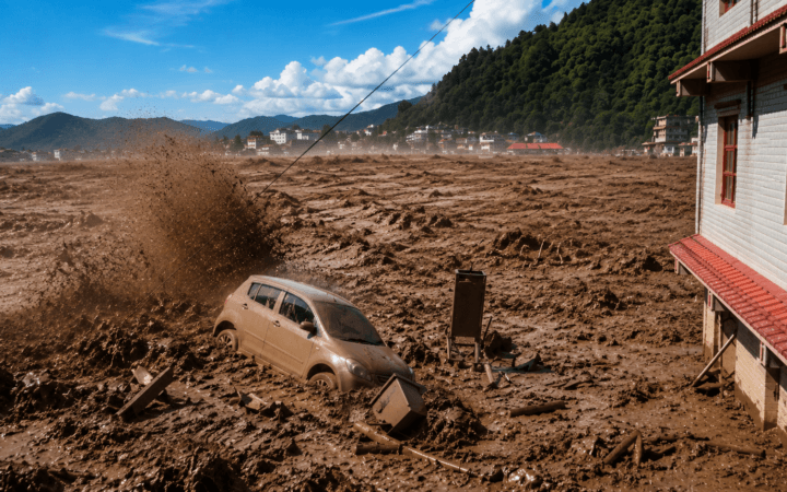 Fluxo de lama e detritos atinge área habitada no Nepal em frame real aprimorado e expandido com inteligência artificial.