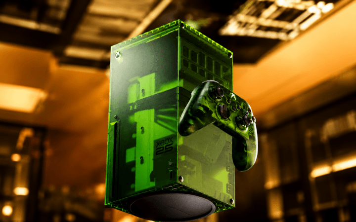Ilustração de IA mostra Xbox Series X25 verde translúcido com controle comemorativo dos 25 anos da marca.