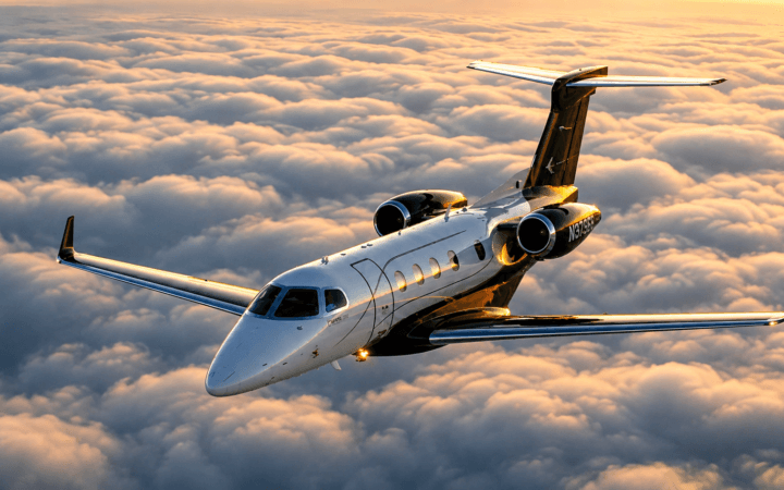 Ilustração de IA mostra jato executivo em voo para representar as tecnologias do Embraer Phenom 300EV.