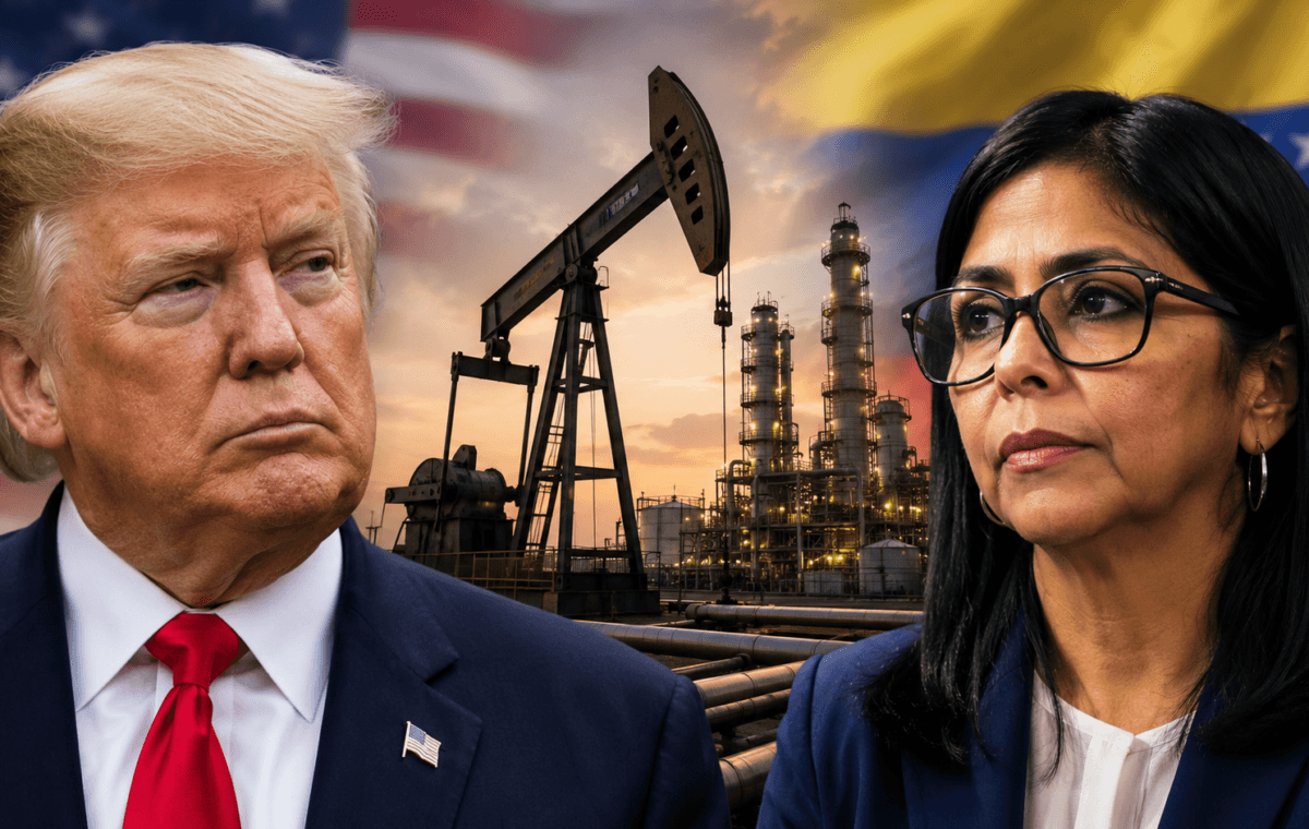 Donald Trump e Delcy Rodríguez diante de instalações de petróleo, representando o acordo de petróleo entre EUA e Venezuela.