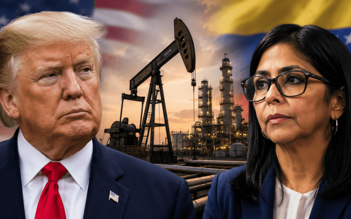 Donald Trump e Delcy Rodríguez diante de instalações de petróleo, representando o acordo de petróleo entre EUA e Venezuela.