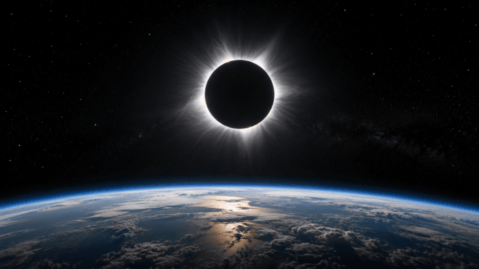 Ilustração por IA mostra eclipse solar total acima da Terra, com a coroa do Sol visível no espaço.