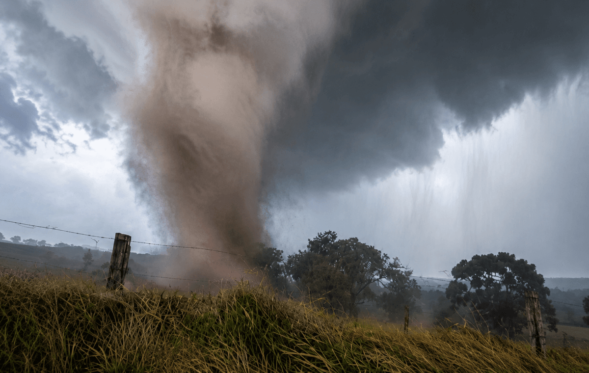 Ilustração por IA mostra tornado tocando o solo em área rural sob uma grande tempestade e cortinas de chuva.
