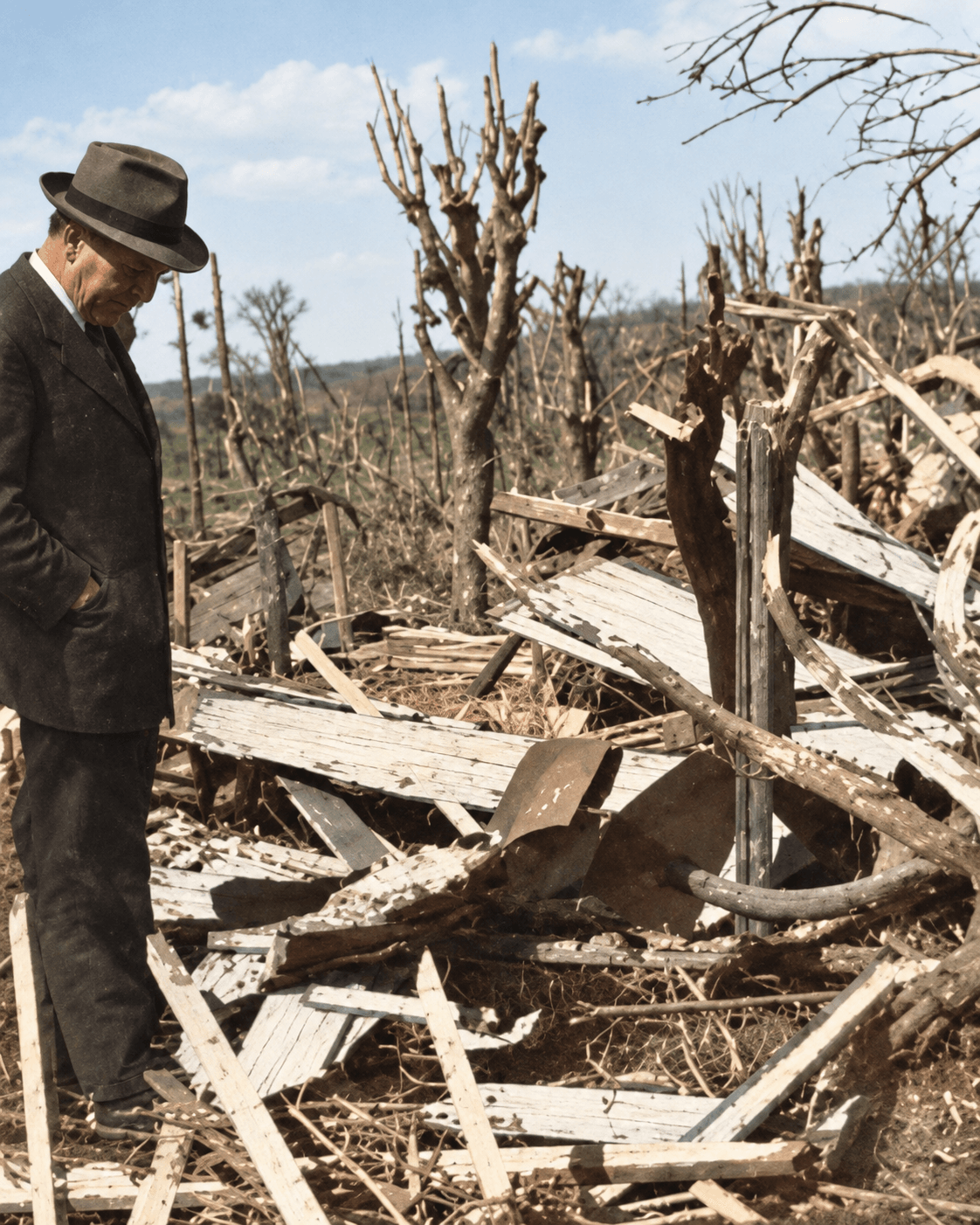 Reconstrução ilustrativa mostrando árvores arrancadas e estruturas destruídas pelo tornado de Palmas
